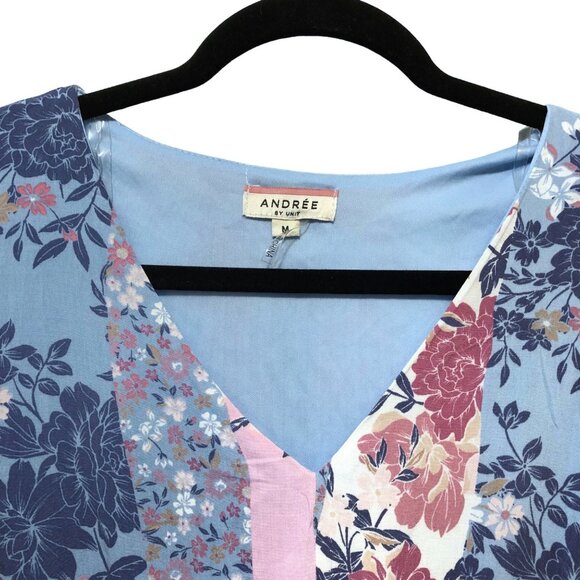 Andree By Unit Blue Pink Floral V-neck Dolman Sleeve Elastic Waist Dress M - Picture 4 of 9